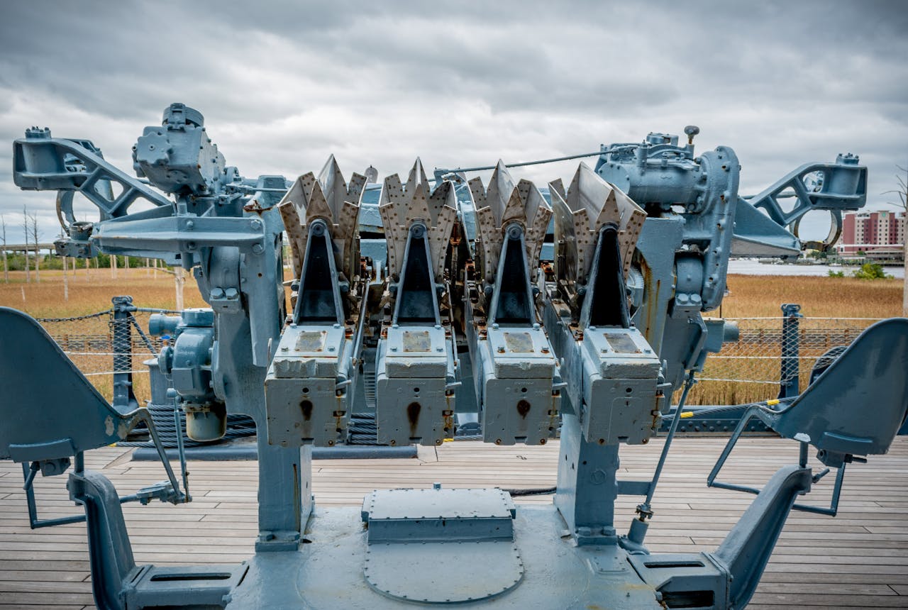 services-02 Detailed view of a naval anti-aircraft gun on a historic battleship, Wilmington, NC.