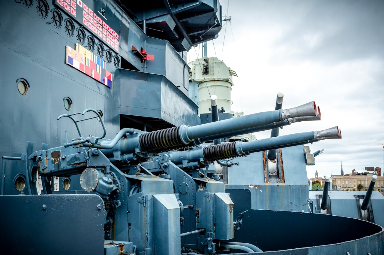 Close-up of artillery cannons on USS North Carolina battleship in Wilmington, NC.