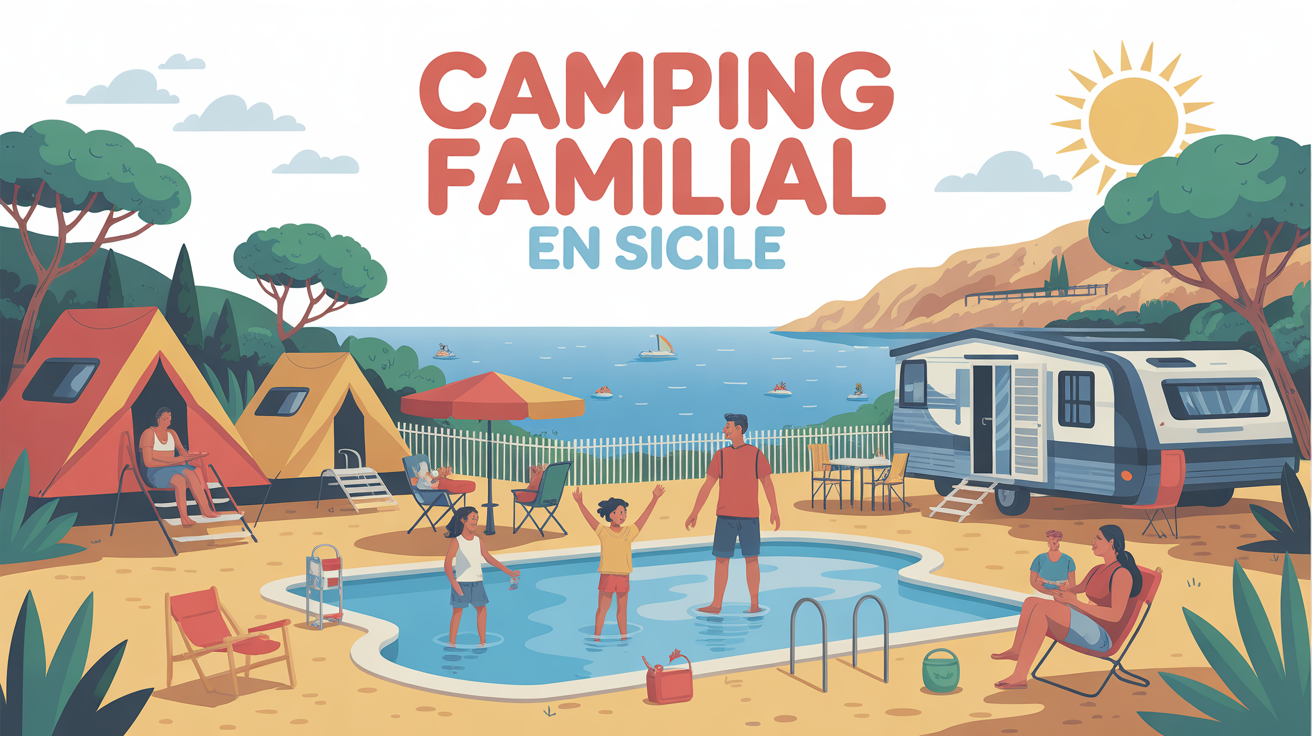 Famille en camping Sicile avec vue sur mer tente mobil home enfants piscine