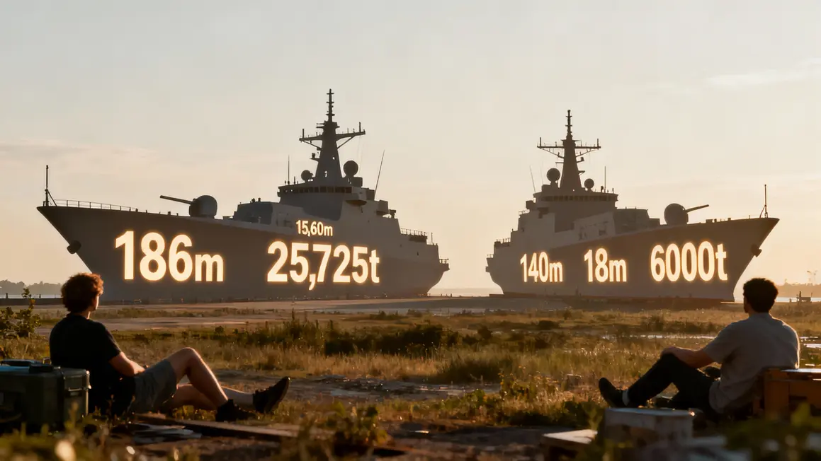 Comparatif silhouettes USS Ashland et frégate moderne, chiffres caractéristiques