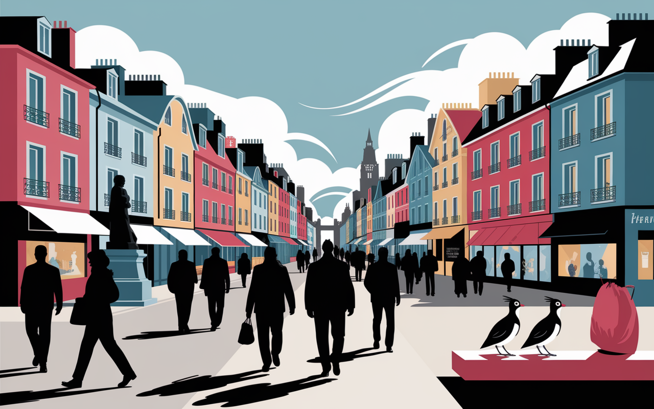 Scene urbaine stylisee dans le centre-ville de Punta Arenas avec place, marche, pingouins