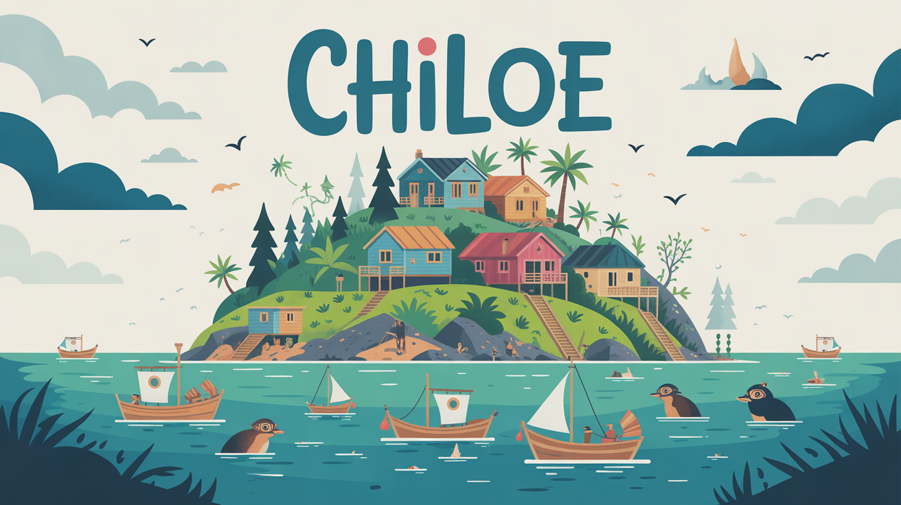Illustration de Chiloe Patagonie maisons pilotis brume animaux