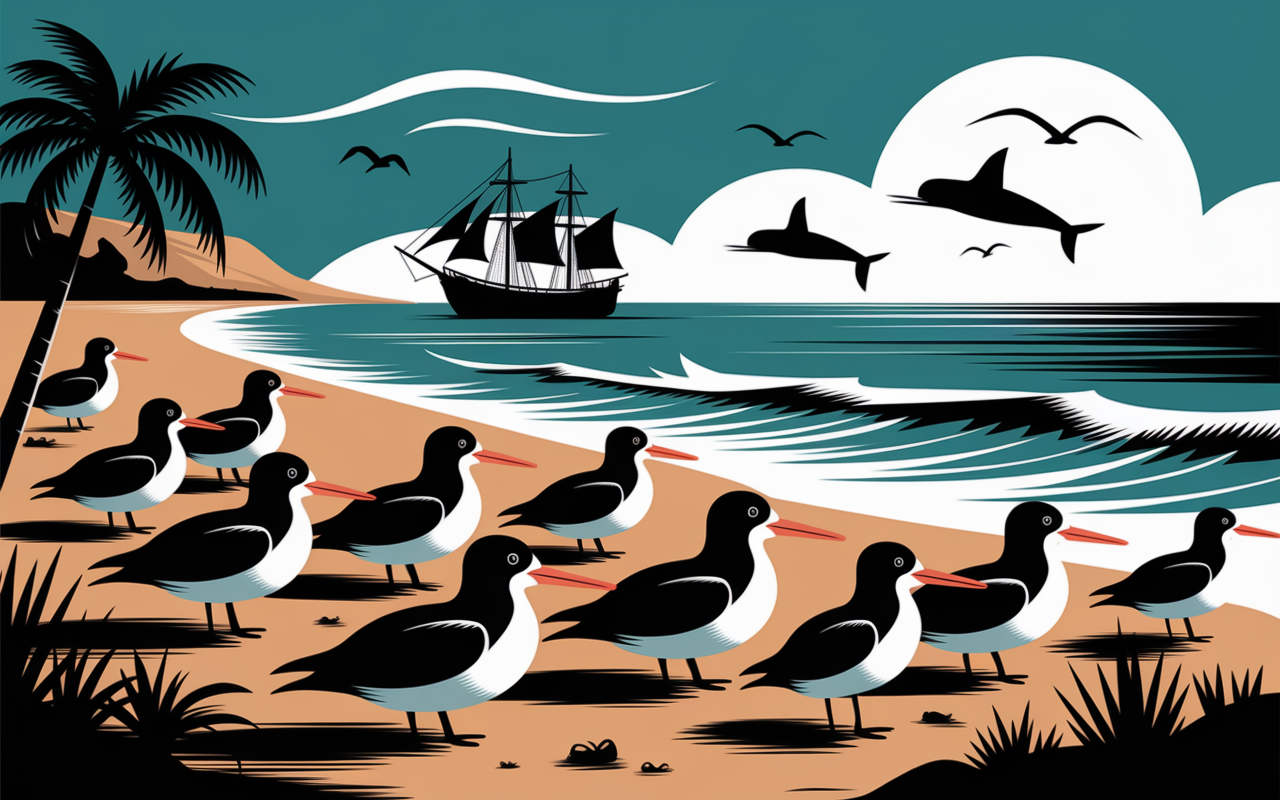 Illustration de manchots de Magellan plage Punta Arenas avec baleines et oiseaux rares