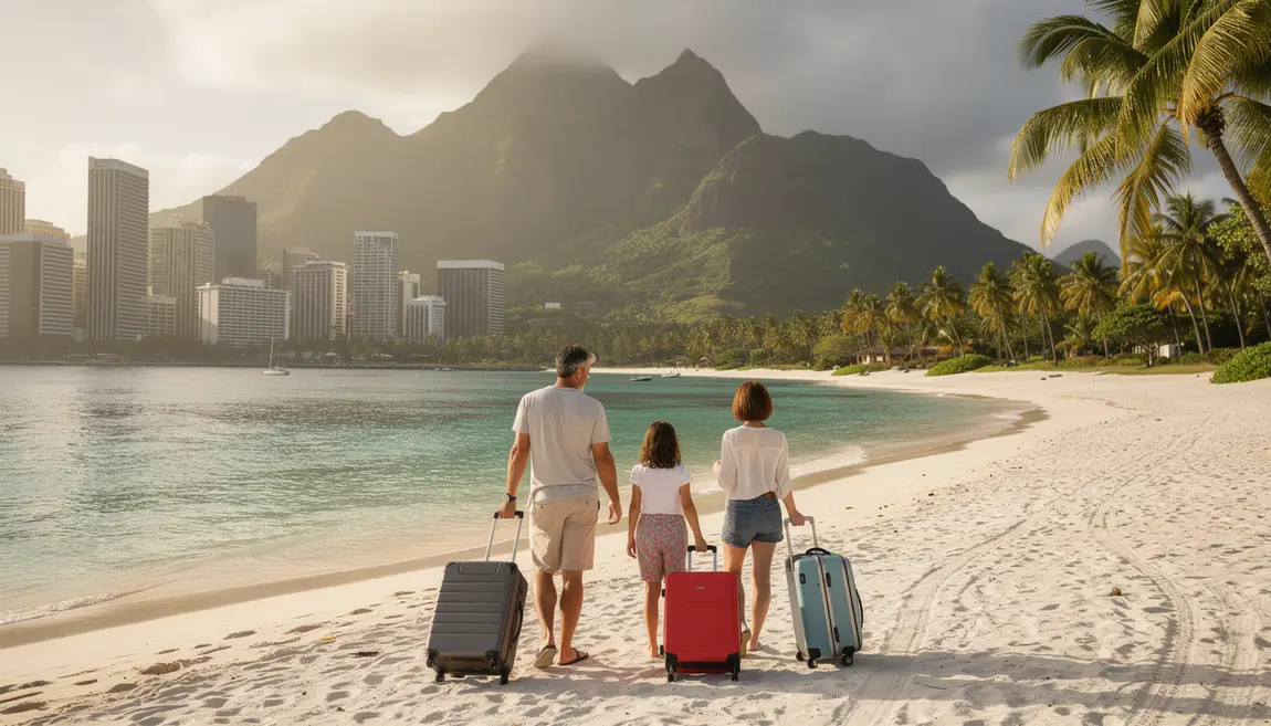 Famille avec valises arrivant sur plage Tahiti 2026