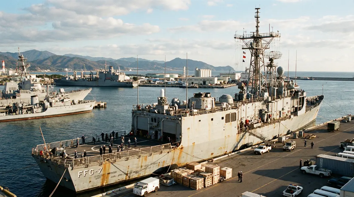 fregate militaire Oliver Hazard Perry dans port vue photorealiste