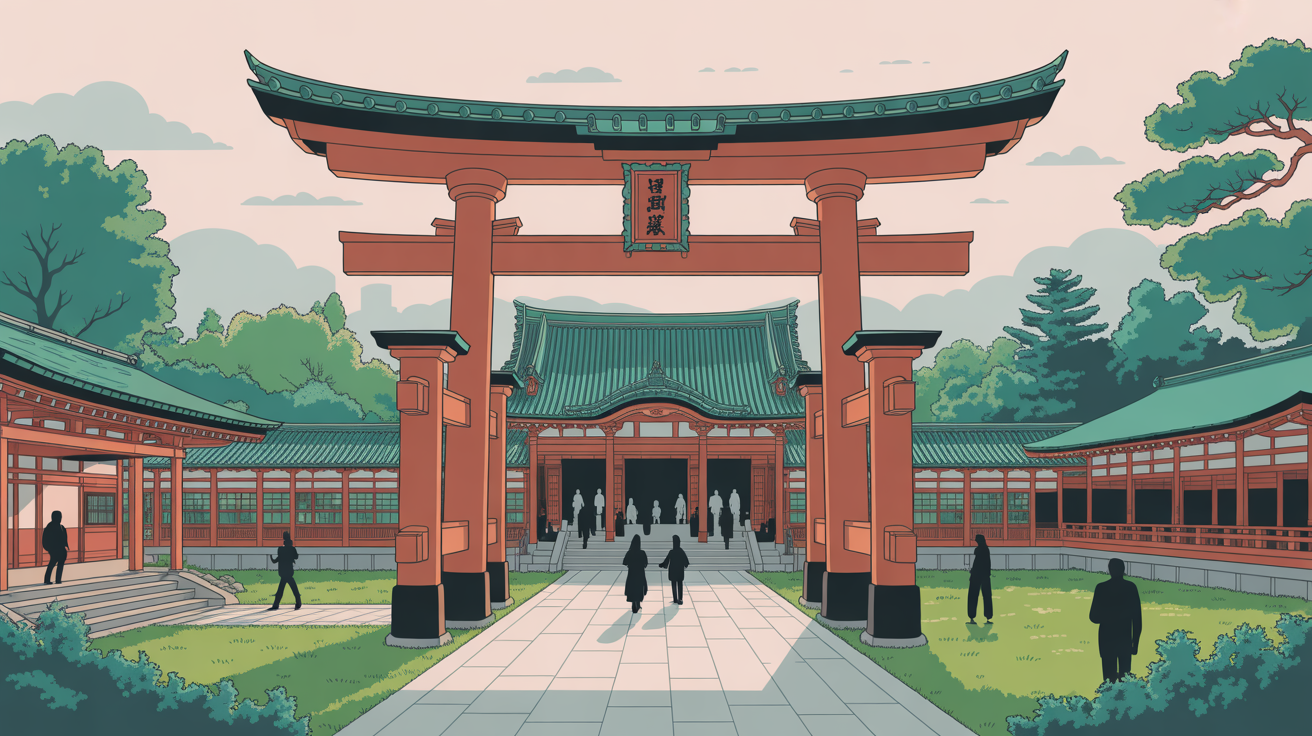 Illustration Heian-jingu Kyoto, torii vermillon et jardins verdoyants
