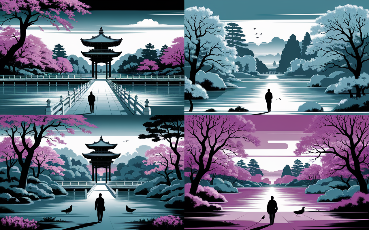 Jardins Heian-jingu Kyoto, cerisiers, ponts, fleurs, carpes