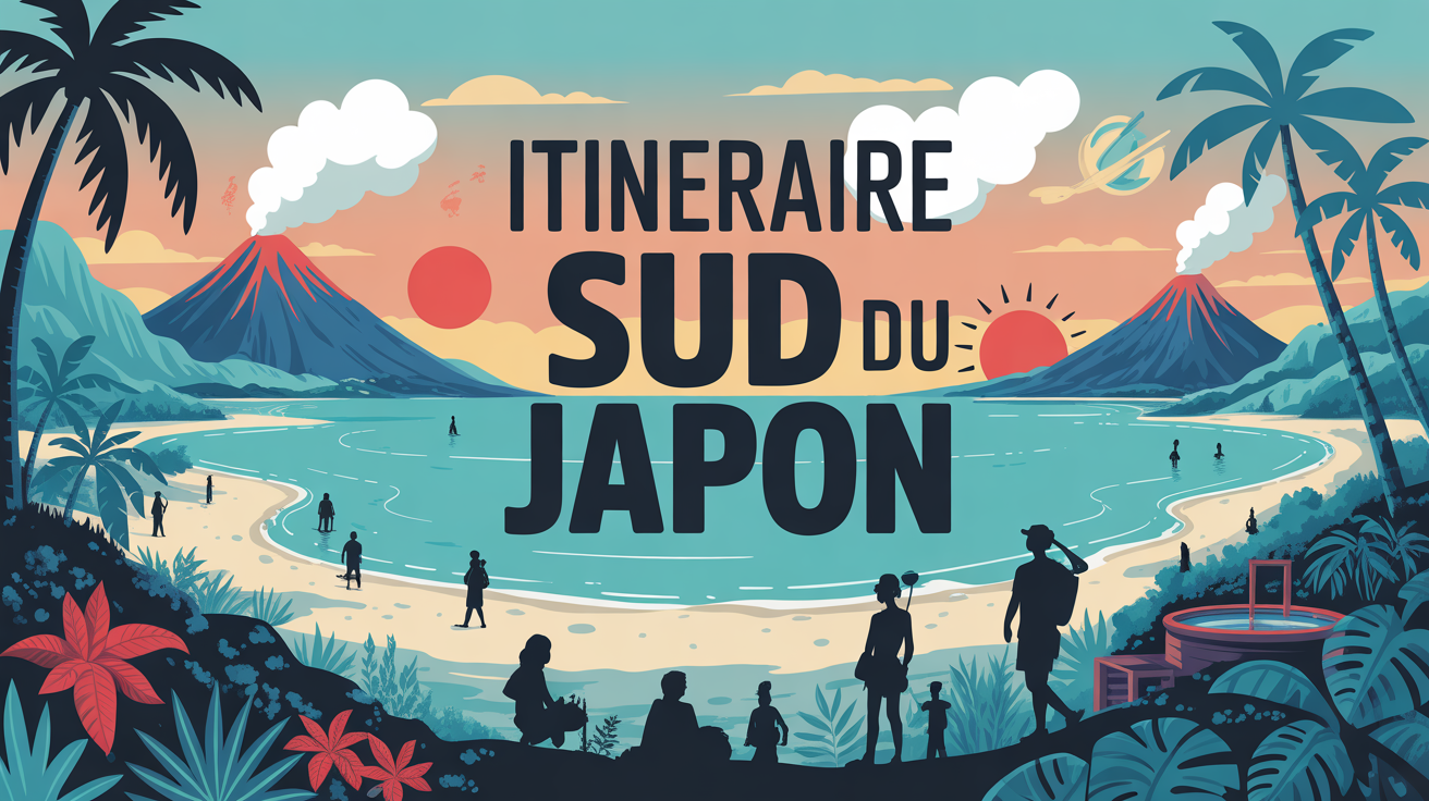Paysage stylisé sud Japon avec plages turquoise, volcans et onsen