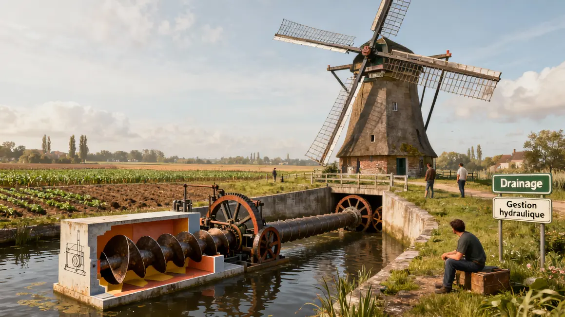 Moulin hollandais vis Archimede drainage canal
