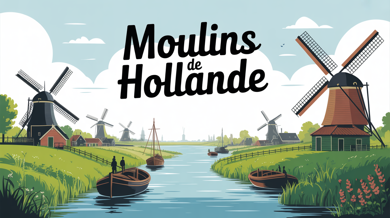 Paysage moulins de Hollande avec canaux et champs