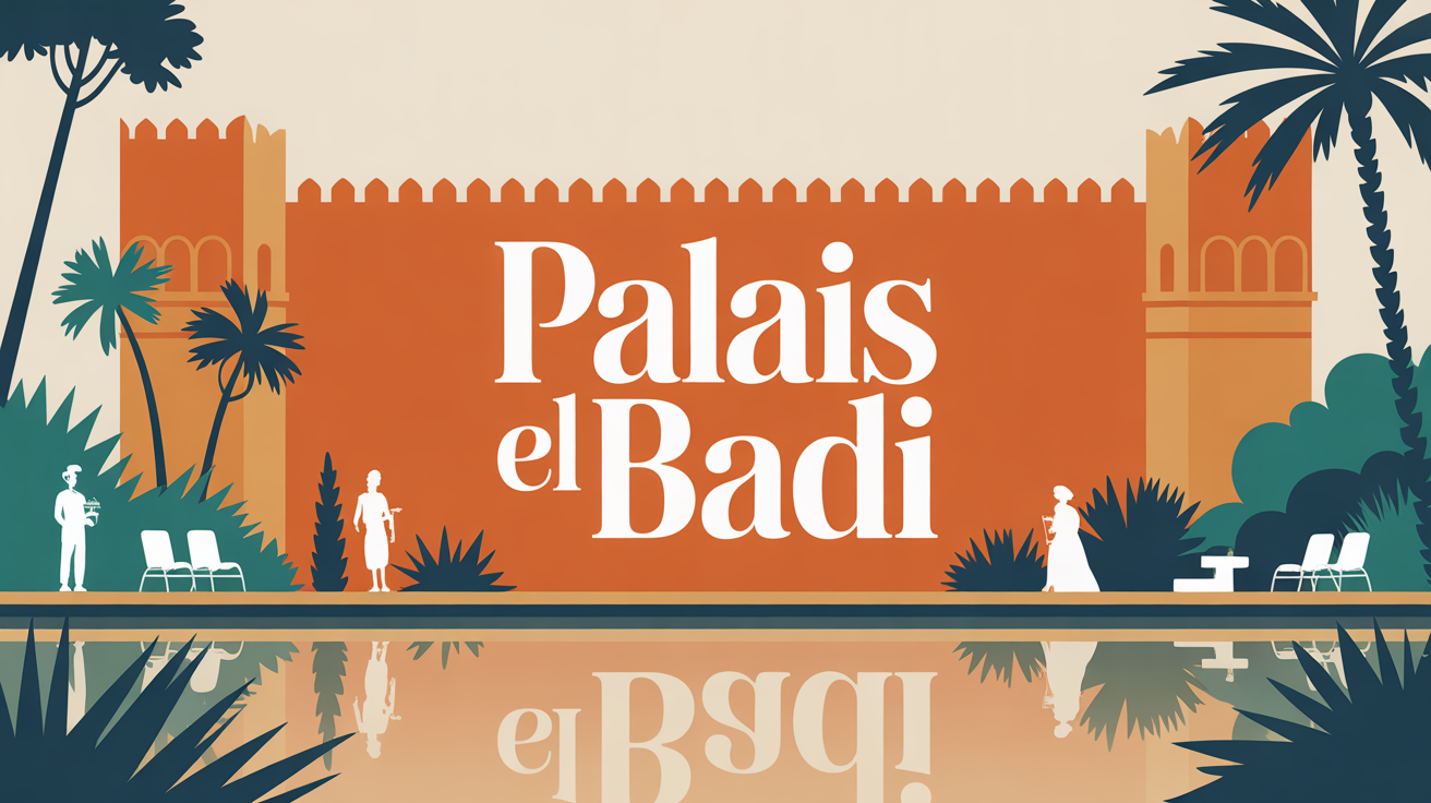 Vue stylisée Palais El Badi remparts jardins bassins visiteurs