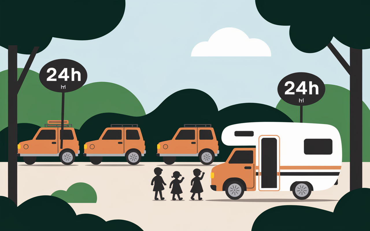 Vue parking Roche aux Sabots stabilisé familles et véhicules accès 24h