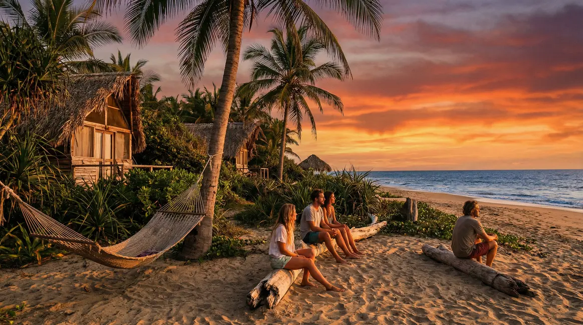 Vue plage Mazunte coucher de soleil écotourisme