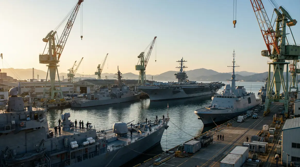 Vue réaliste port Yokosuka avec navires militaires internationaux