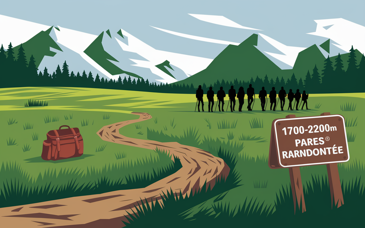 Prairie verte, mares, marcheurs, panneau altitude, sac de randonnee