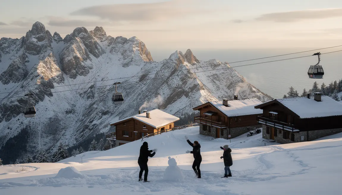 famille skiant en Corse entre neige mer et montagne