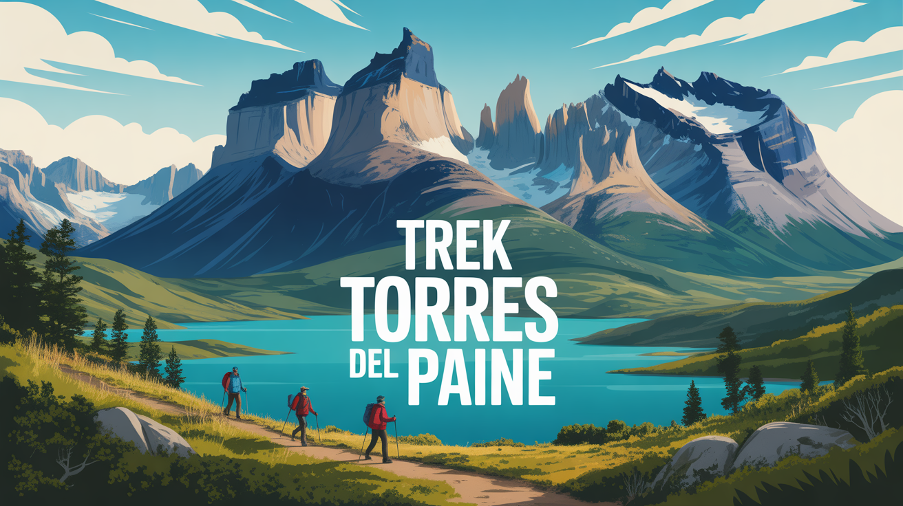 illustration montagnes lacs torres del paine randonneurs