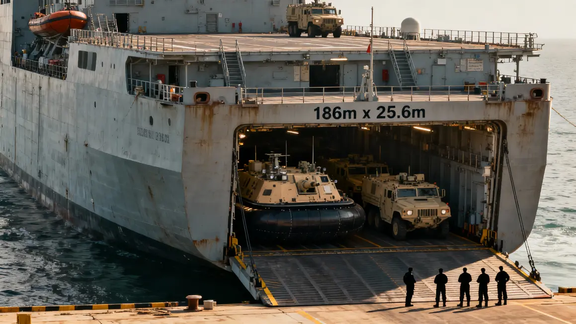 Plan latéral USS Ashland affichant dimensions et radier LCAC