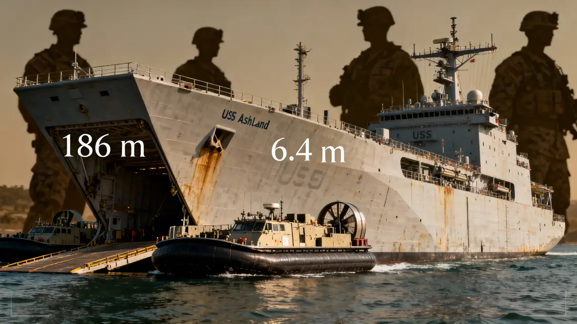 Plan USS Ashland profil, dimensions, LCAC, LCM et militaires
