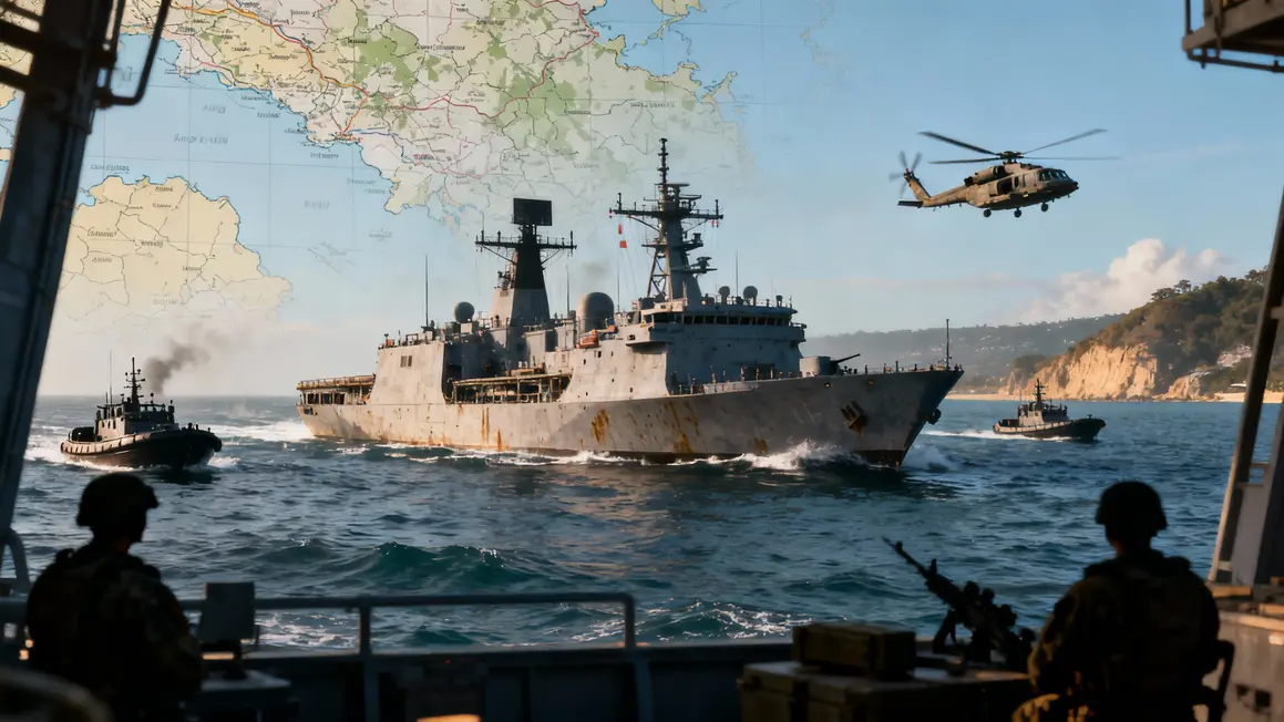 USS Ashland en mer, groupe de soutien et carte géopolitique