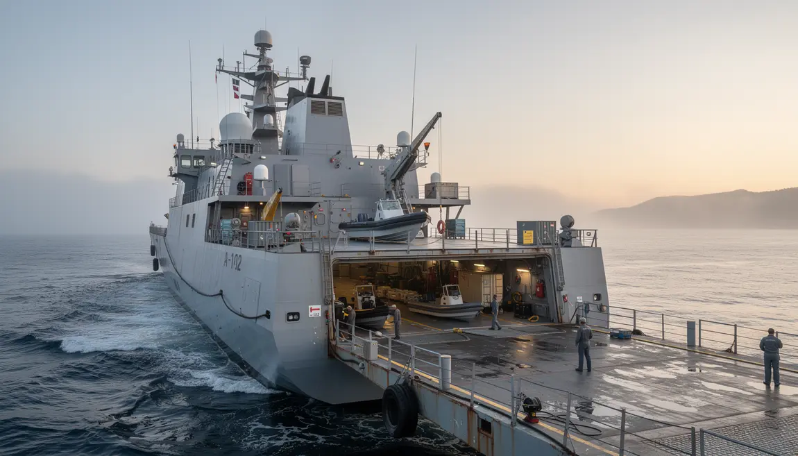 USS Ashland en navigation, dock inondable ouvert, navire militaire moderne