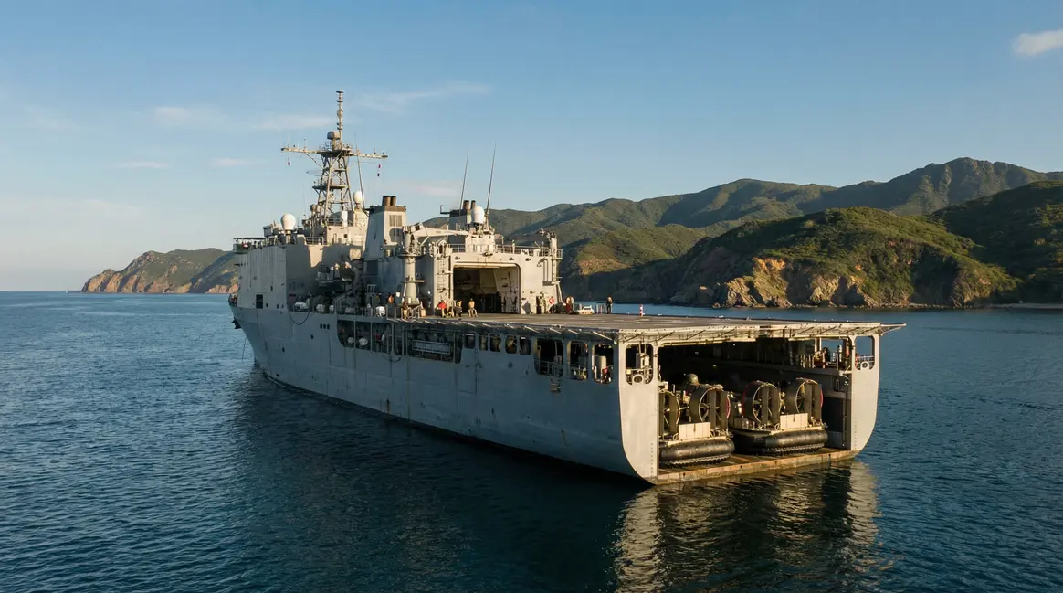 USS Ashland dock landing ship gris avec LCAC