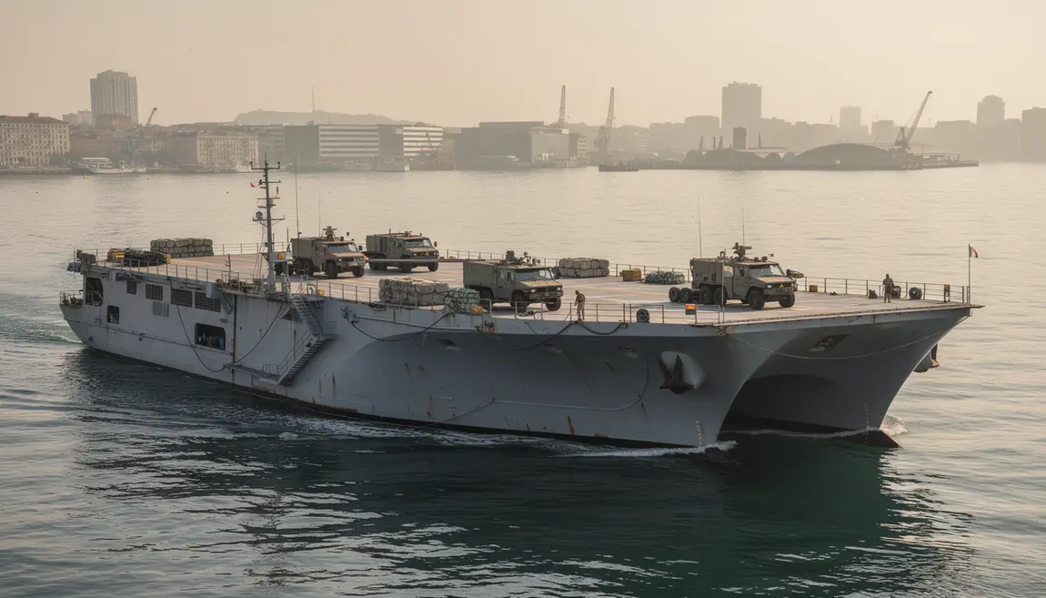 USS Ashland sur l'eau avec véhicules militaires