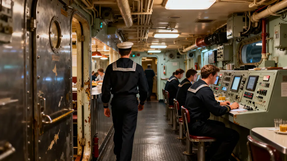 Marins et mess commun à bord du USS Ashland, navire militaire