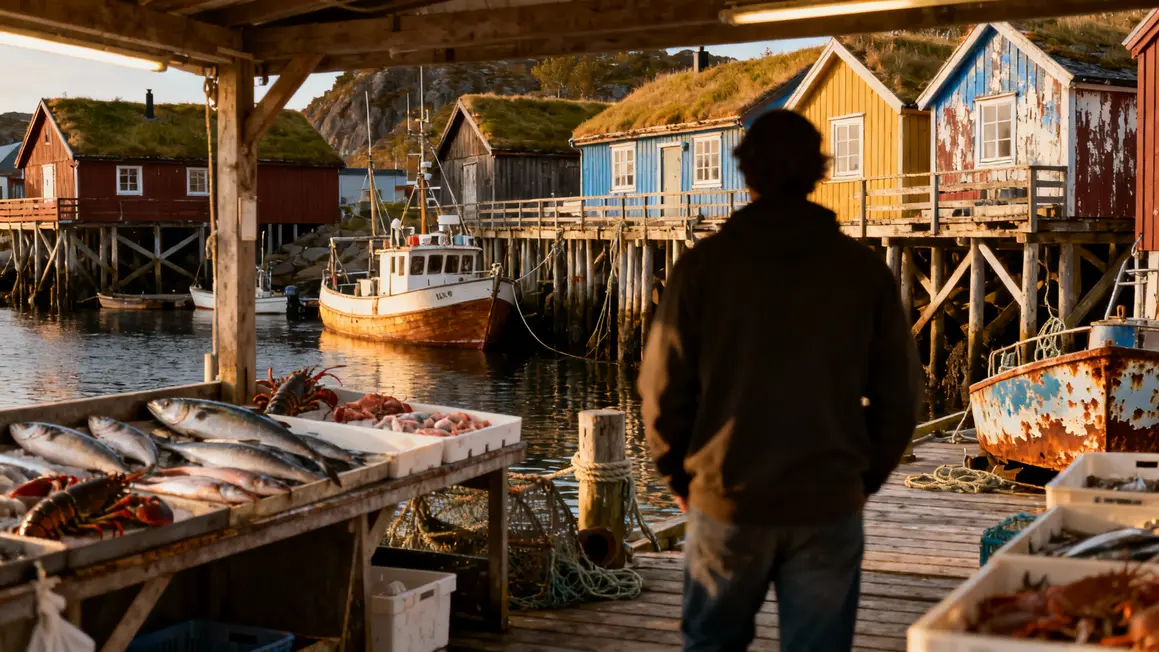 Village pecheur scandinave quai bois maison coloree cabane bateau