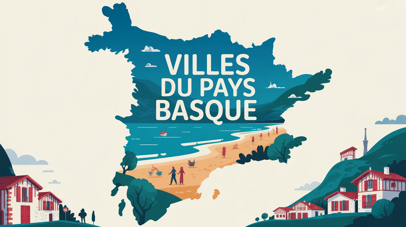 Carte stylisée du Pays Basque entre montagne et océan, maisons rouges et blanches