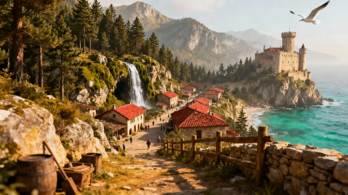 Montagnes pins, village, cascade, château sur falaise Chypre