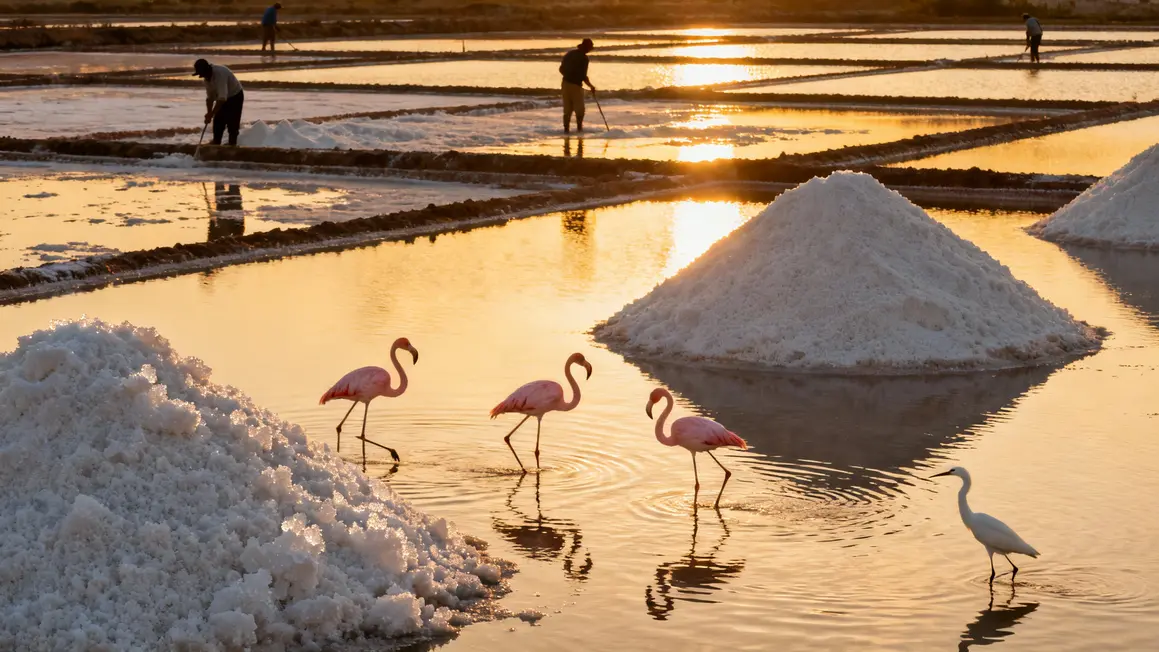 Salines de Trapani au coucher du soleil avec flamants roses