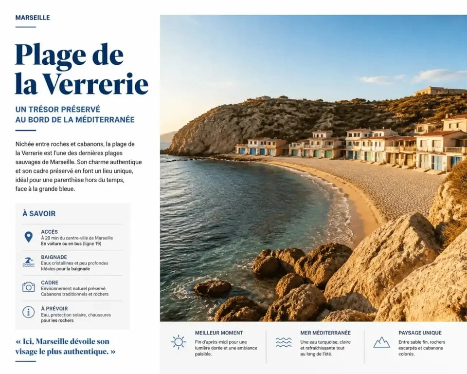 Vue panoramique de la plage de la Verrerie à Marseille avec ses cabanons traditionnels et ses rochers.