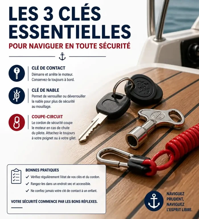 Différents types de clés de bateau : clé de contact, clé de nable et coupe-circuit pour la sécurité en mer.