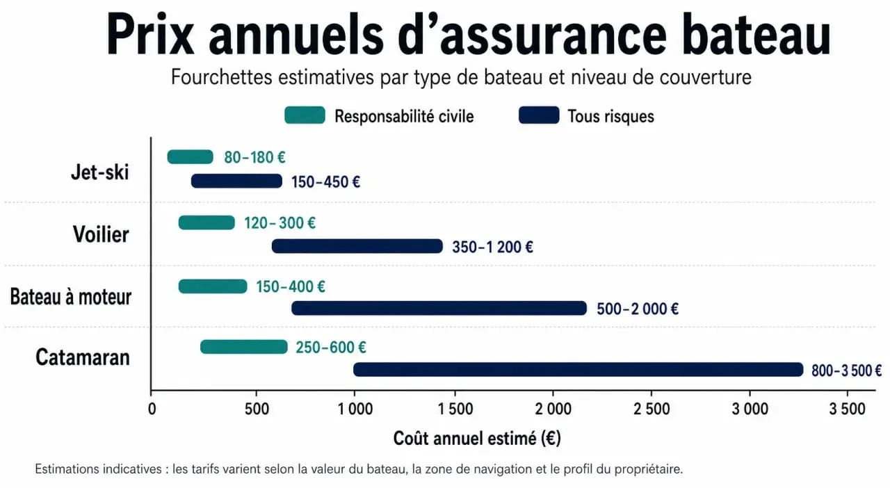 Tableau comparatif des prix annuels d'assurance bateau selon le type d'embarcation et la formule choisie
