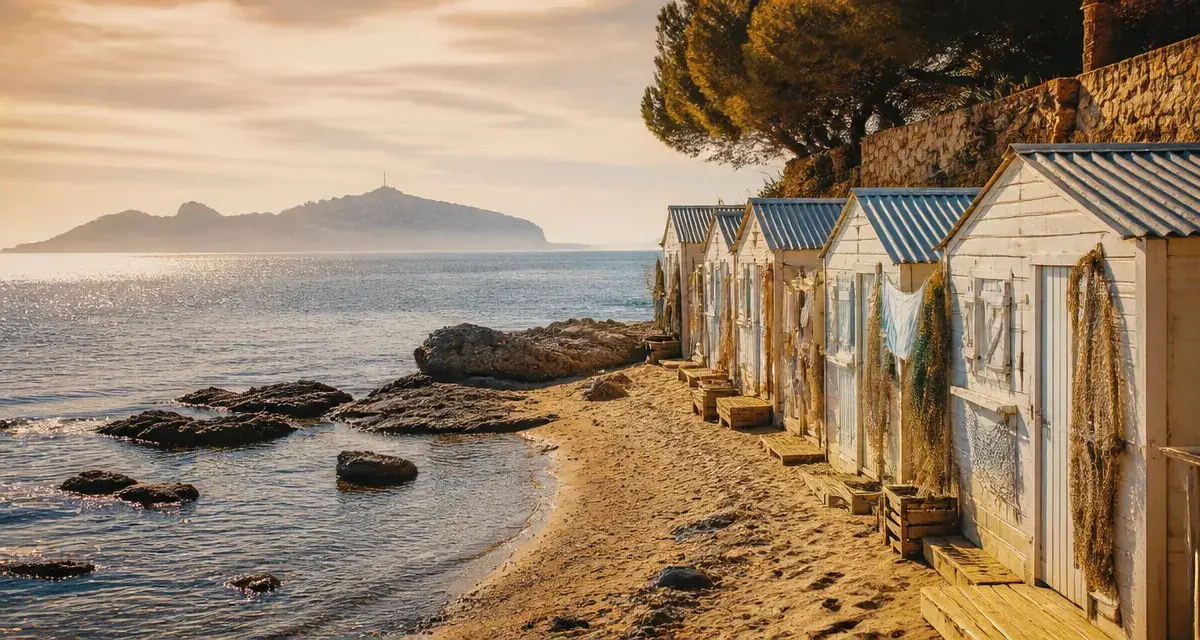 Plage de la verrerie à Marseille : sable, cabanons et rade du Frioul