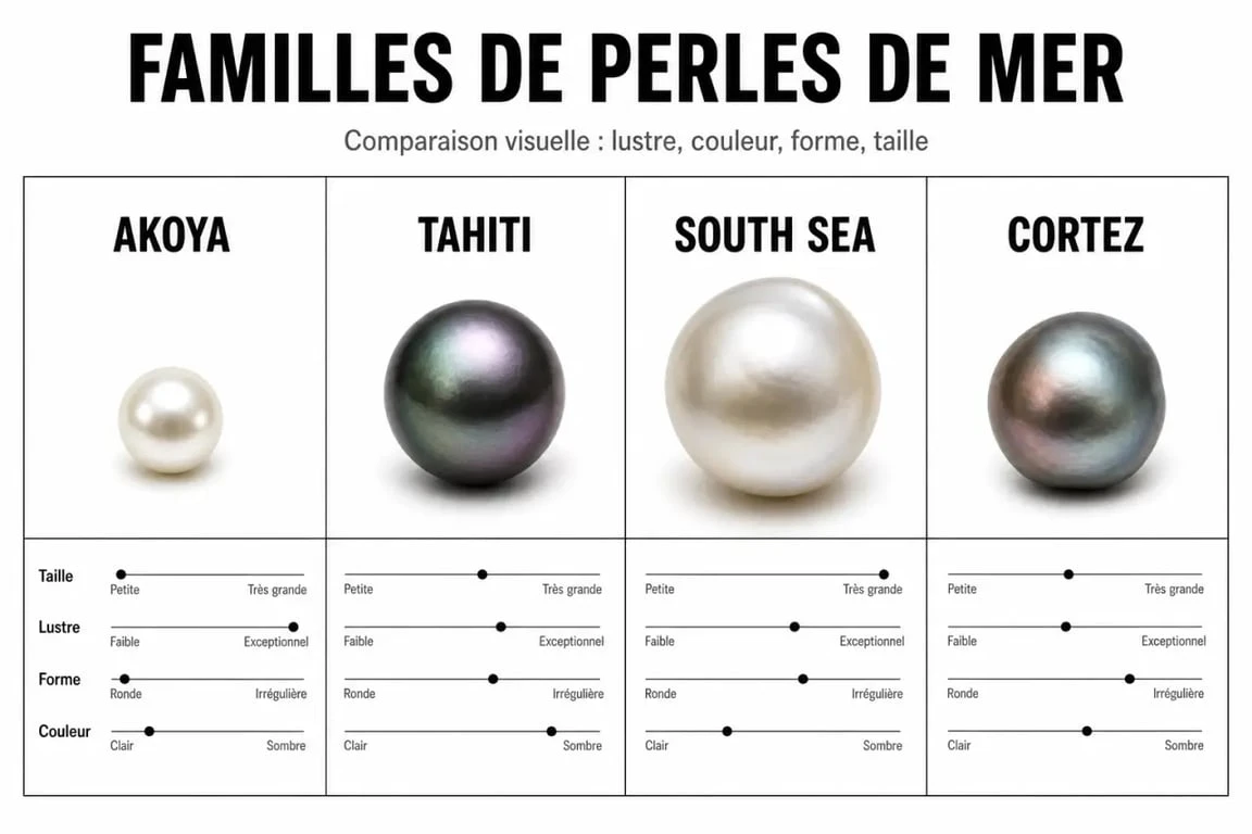 Comparatif des types de perle de mer Akoya, Tahiti, South Sea et Cortez