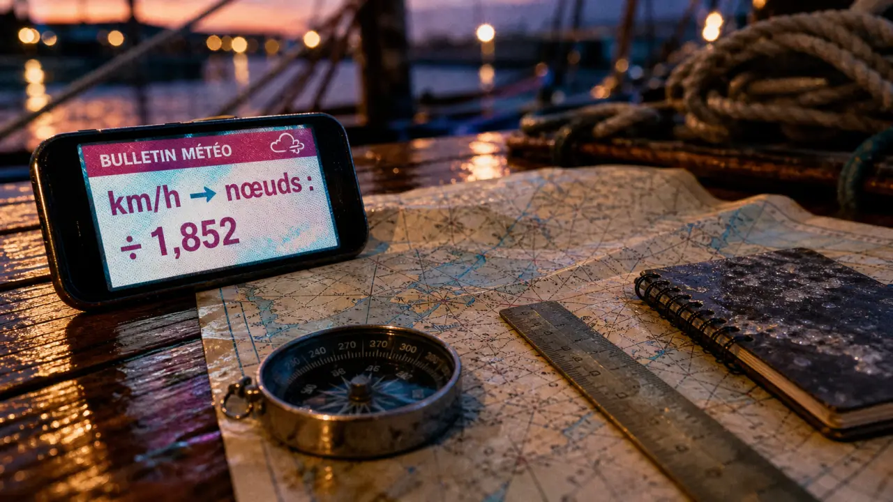 Conversion km h en noeud : ÷ 1,852, règle et boussole au port
