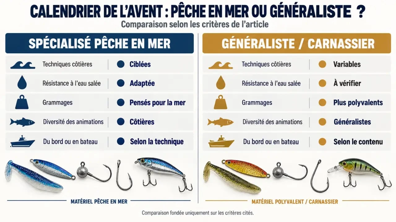 Infographie comparant un calendrier de l’avent pêche en mer spécialisé à un calendrier généraliste