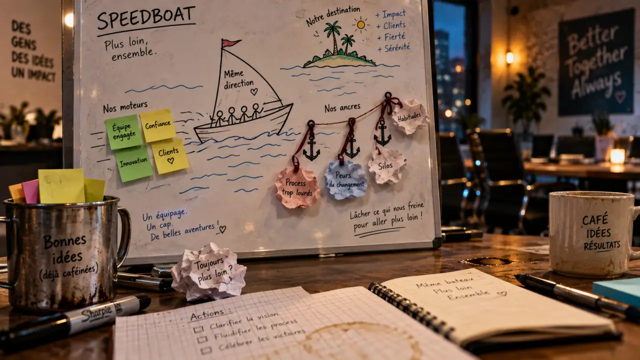 Speedboat : tableau atelier avec bateau, moteurs post-it et ancre agile